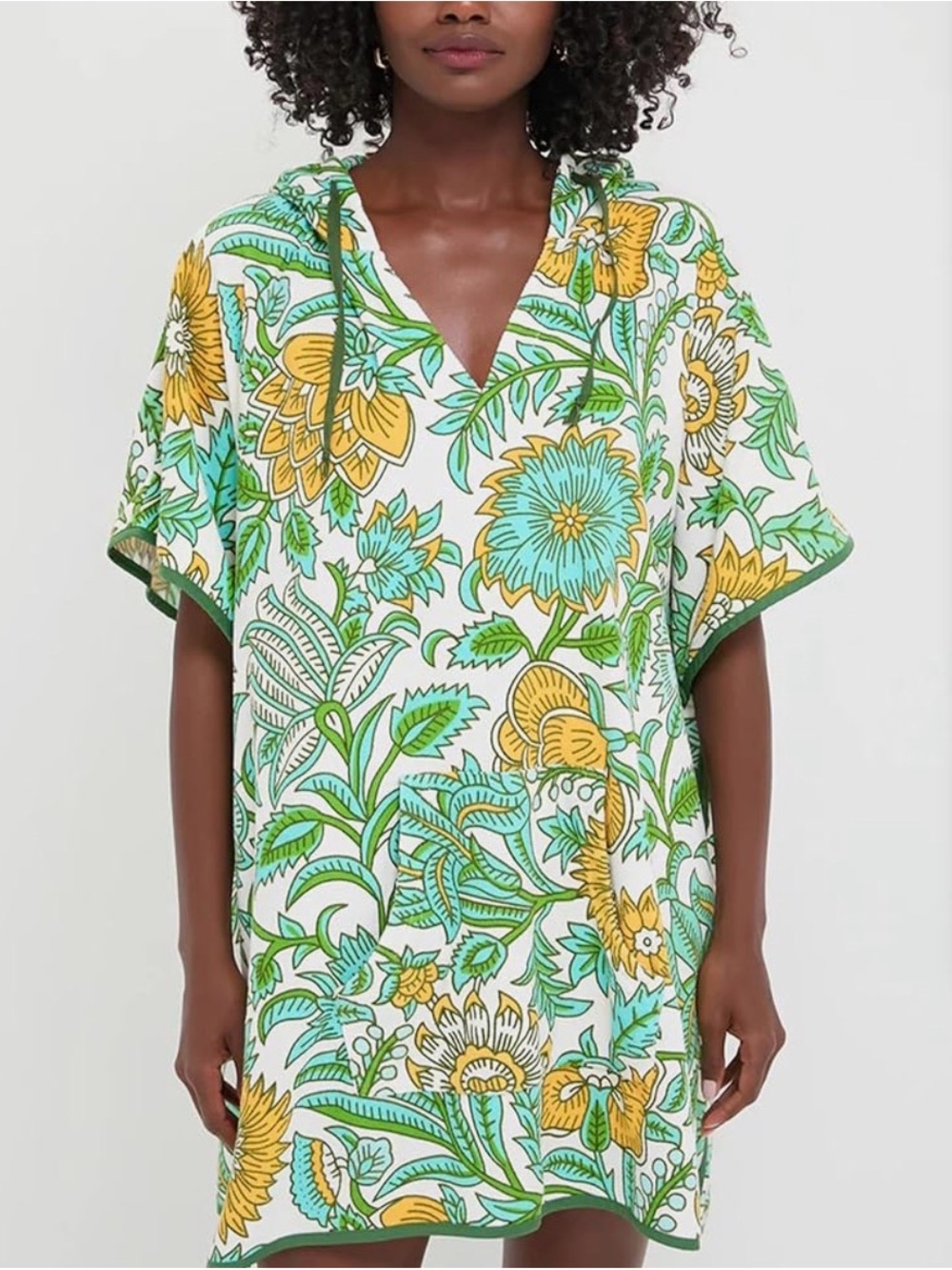 Floral V-Neck Hooded Tunic Dress in Green, Yellow & Aqua